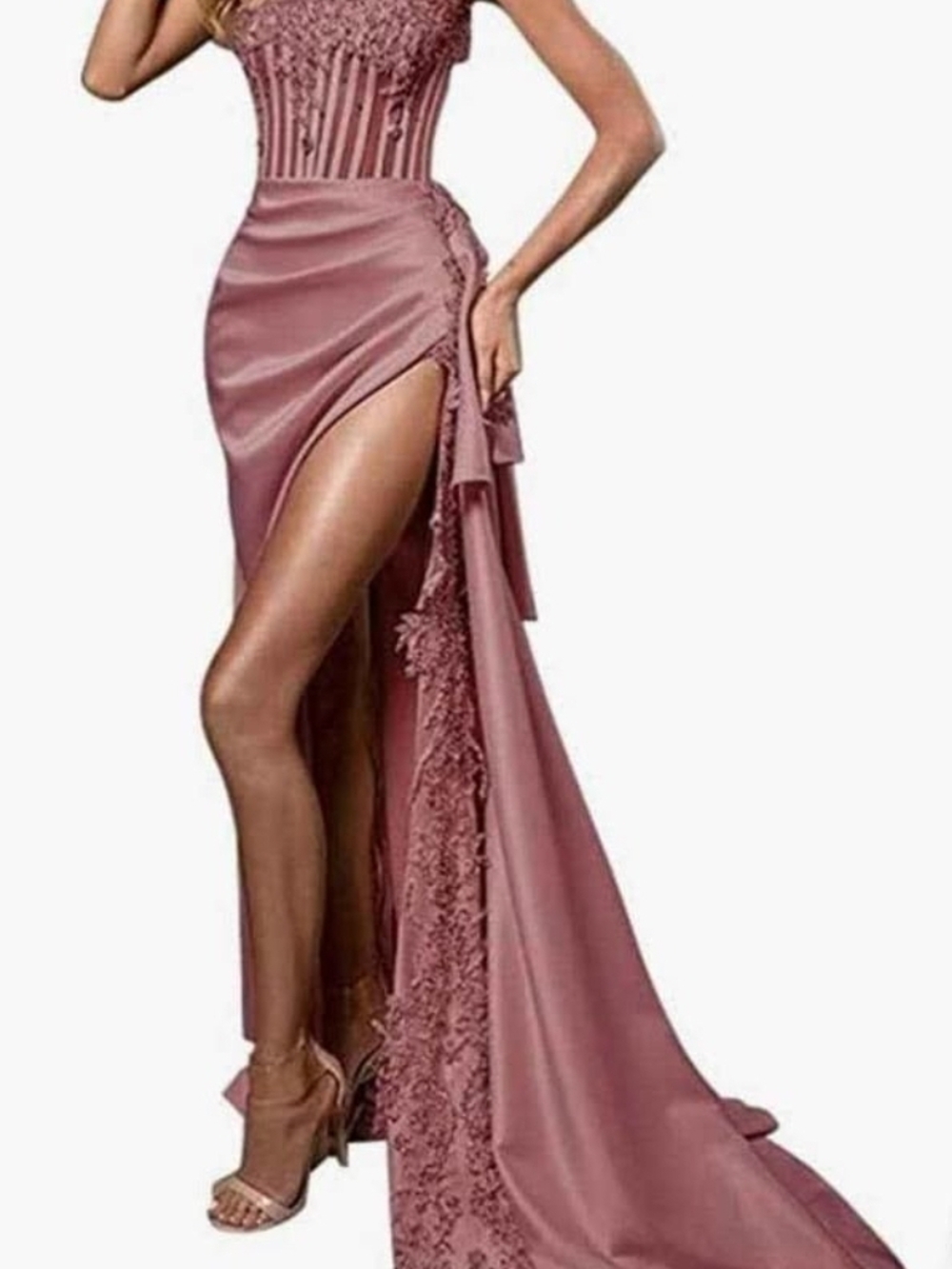 Cinderella Dusty Rose High-Low Satin Lace-Trim Skirt